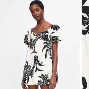 Zara Black & White Floral Puff Sleeve Dress